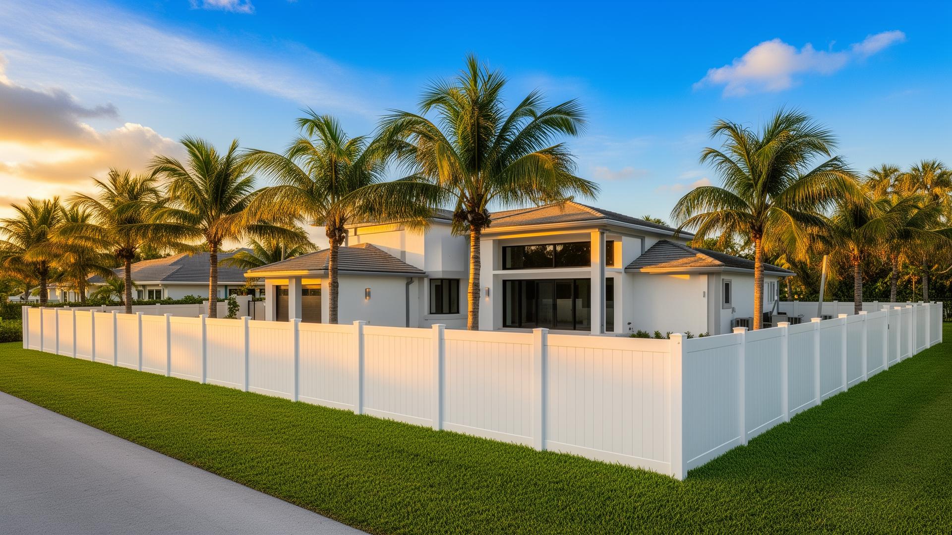 Beautiful new white vinyl fence installation around a South Florida home